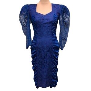 Vintage Cocktail Midi Dress Size Small Royal Blue Lace Puff Sleeve